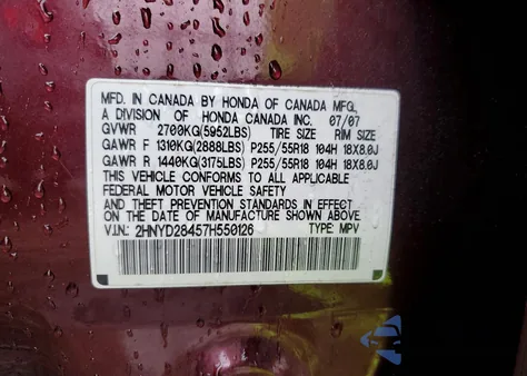 2007 Acura Mdx Technology z USA, uszkodzony, nr VIN 2HNYD28457H550126